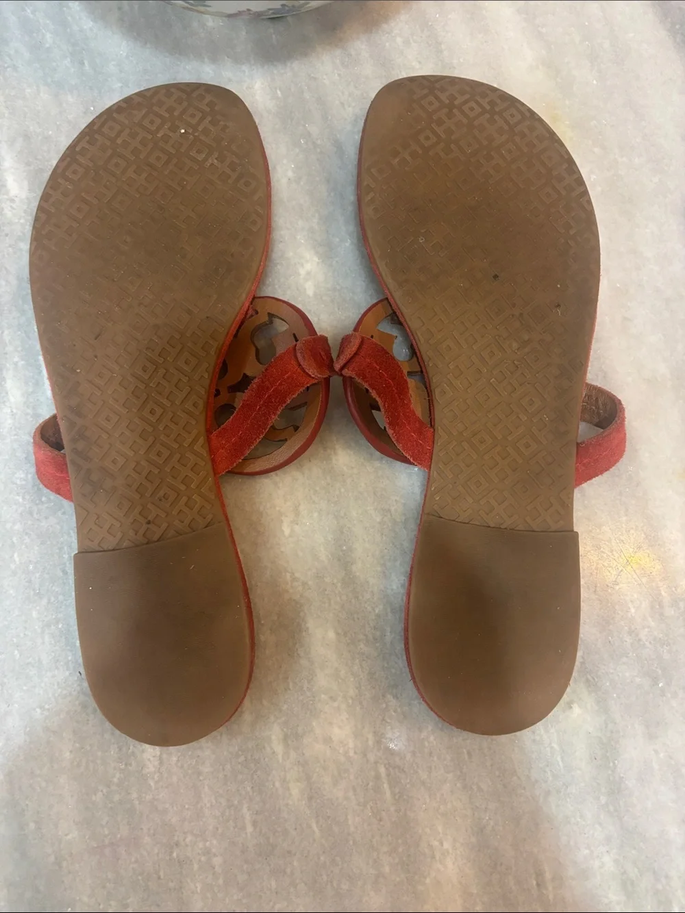 Tory Burch Red Suede Logo Thong Sandals with Gold Medallion